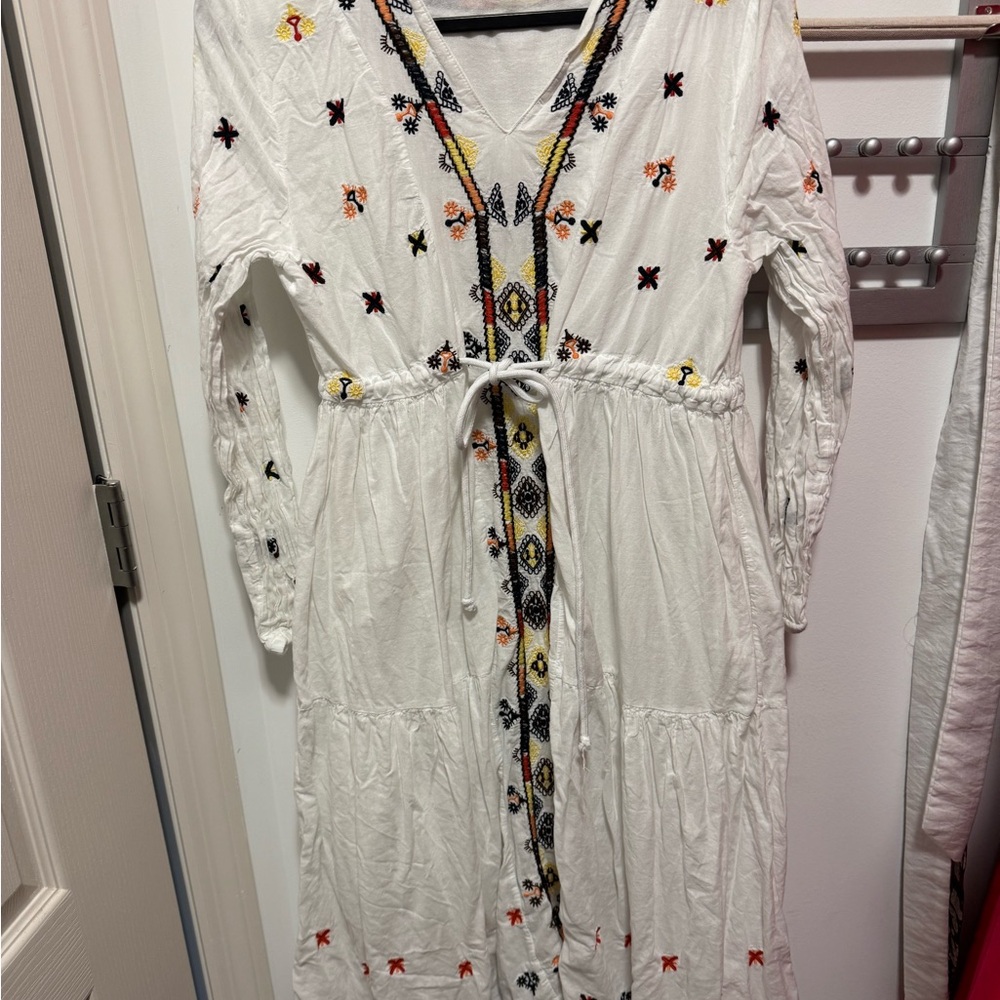 Boho Embroidered white dress by ESQ Made in Turkey Long Sleeve cotton L